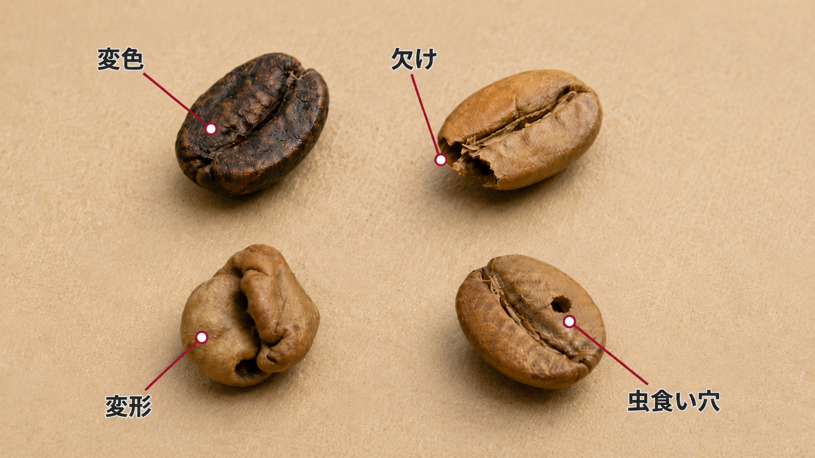 変色、欠け、変形、虫食い穴がある欠点豆