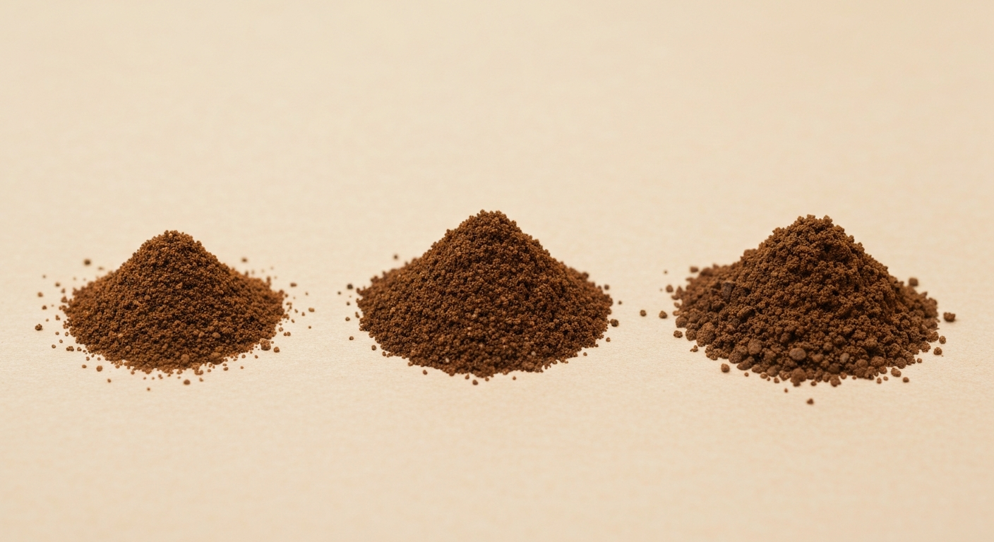 同じ豆を細挽き・中挽き・粗挽きの 3 山に分け、色ではなく粒の大きさだけが違うことを比べる。